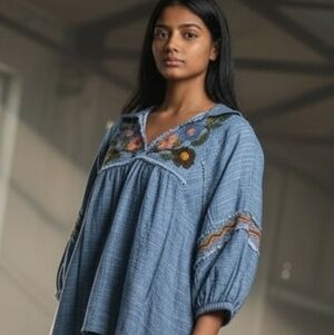 Ivy Jane Floral Embroidered Peasant/Boho/Hippie Chambray Top